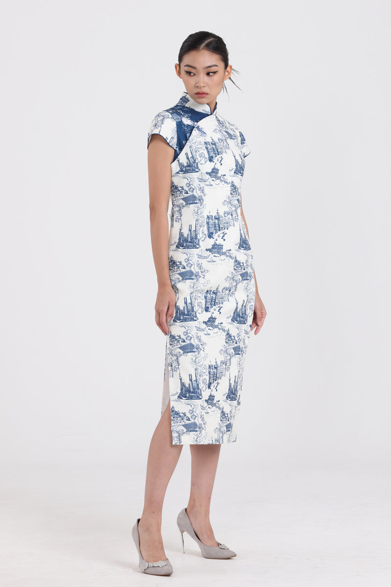 MANDY Shanghai Print Long Cheongsam (White/ Navy)