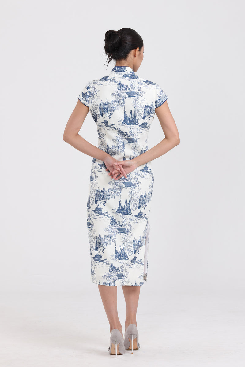 MANDY Shanghai Print Long Cheongsam (White/ Navy)