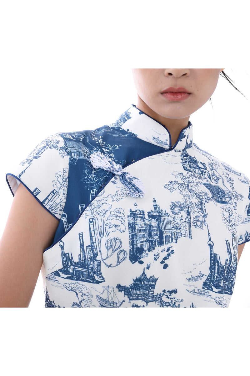 MANDY Shanghai Print Long Cheongsam (White/ Navy)