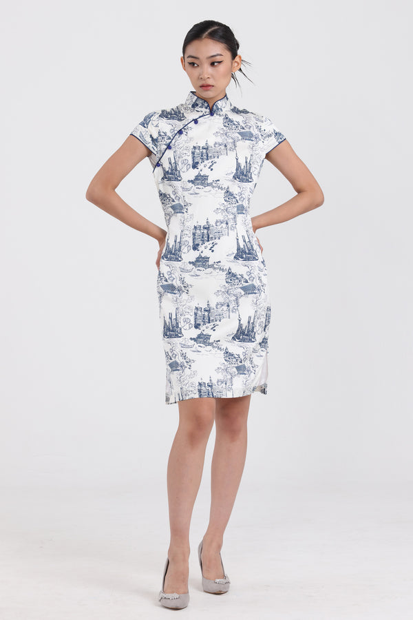 MARCIA Shanghai Print SILK Cheongsam (White/ Navy)