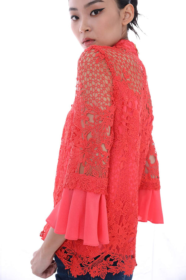 TANGERINE FLORAL LACE TOP WITH RUFFLED QUARTER SLEEVES