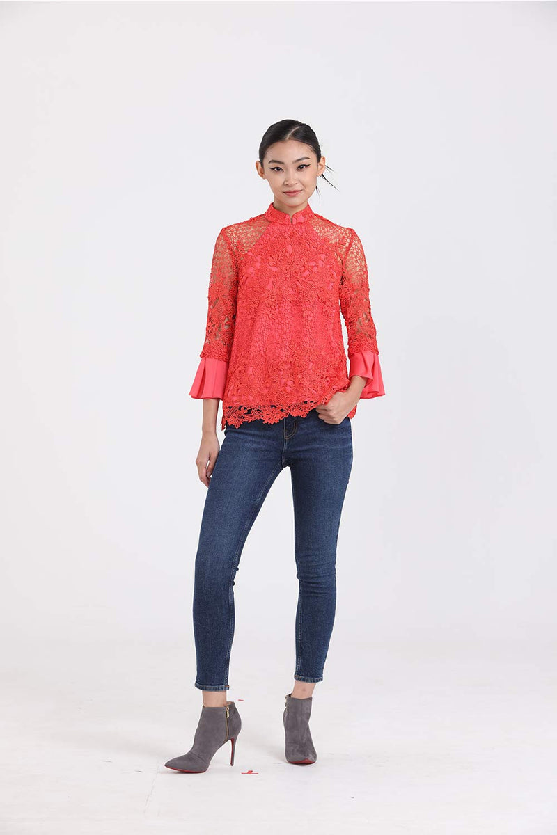 TANGERINE FLORAL LACE TOP WITH RUFFLED QUARTER SLEEVES