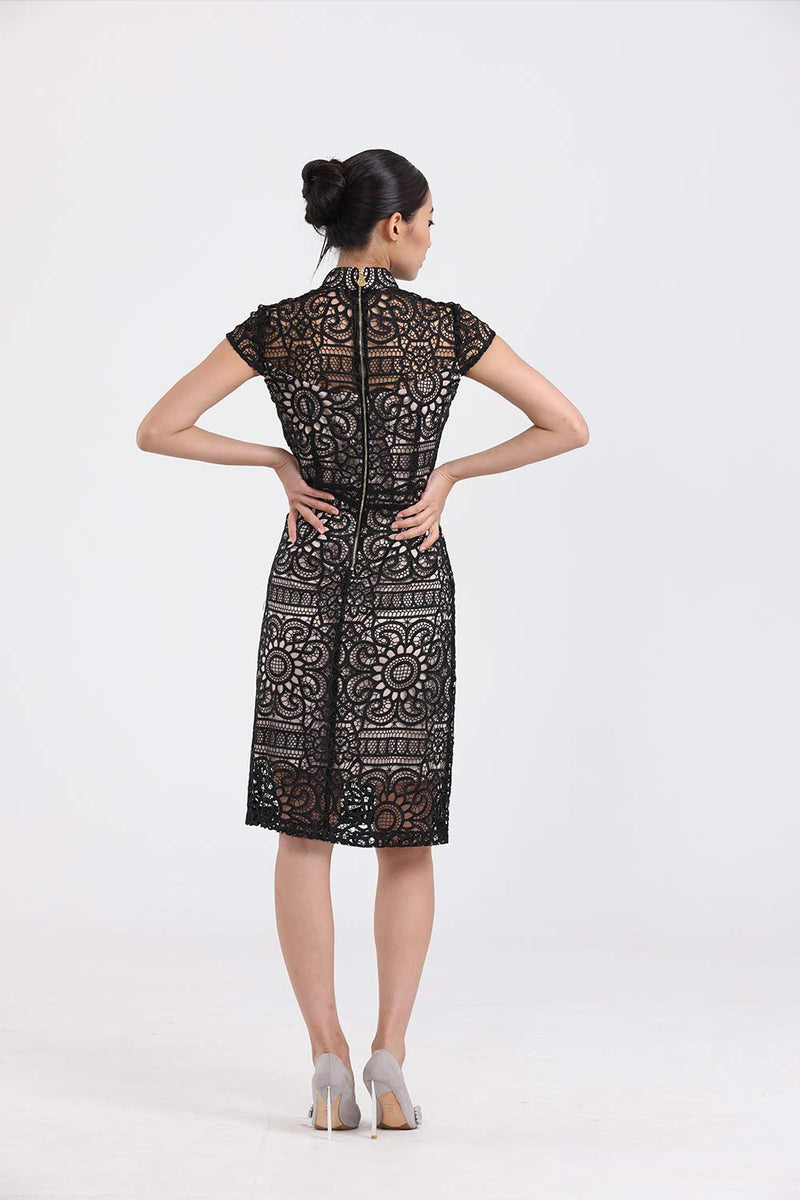 BLACK AND NUDE FLORAL LACE CAP SLEEVES QIPAO (Black/ Nude)
