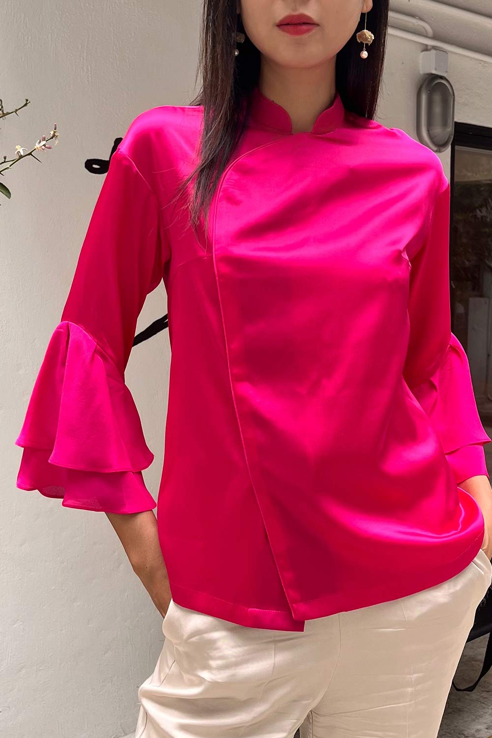 Yi-ming MATILDA 荷葉邊真絲桃紅色襯衫