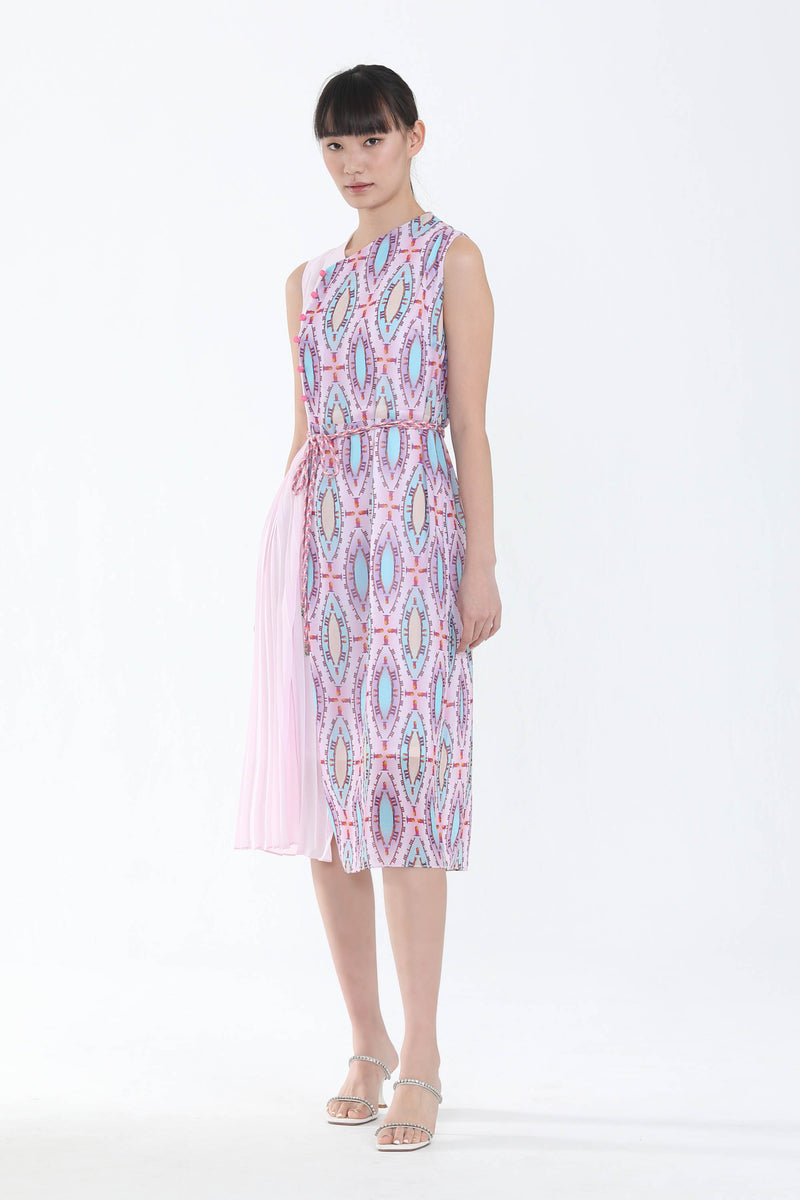 Katherine Marina Bay Sands Vertical Print Pleated Dress