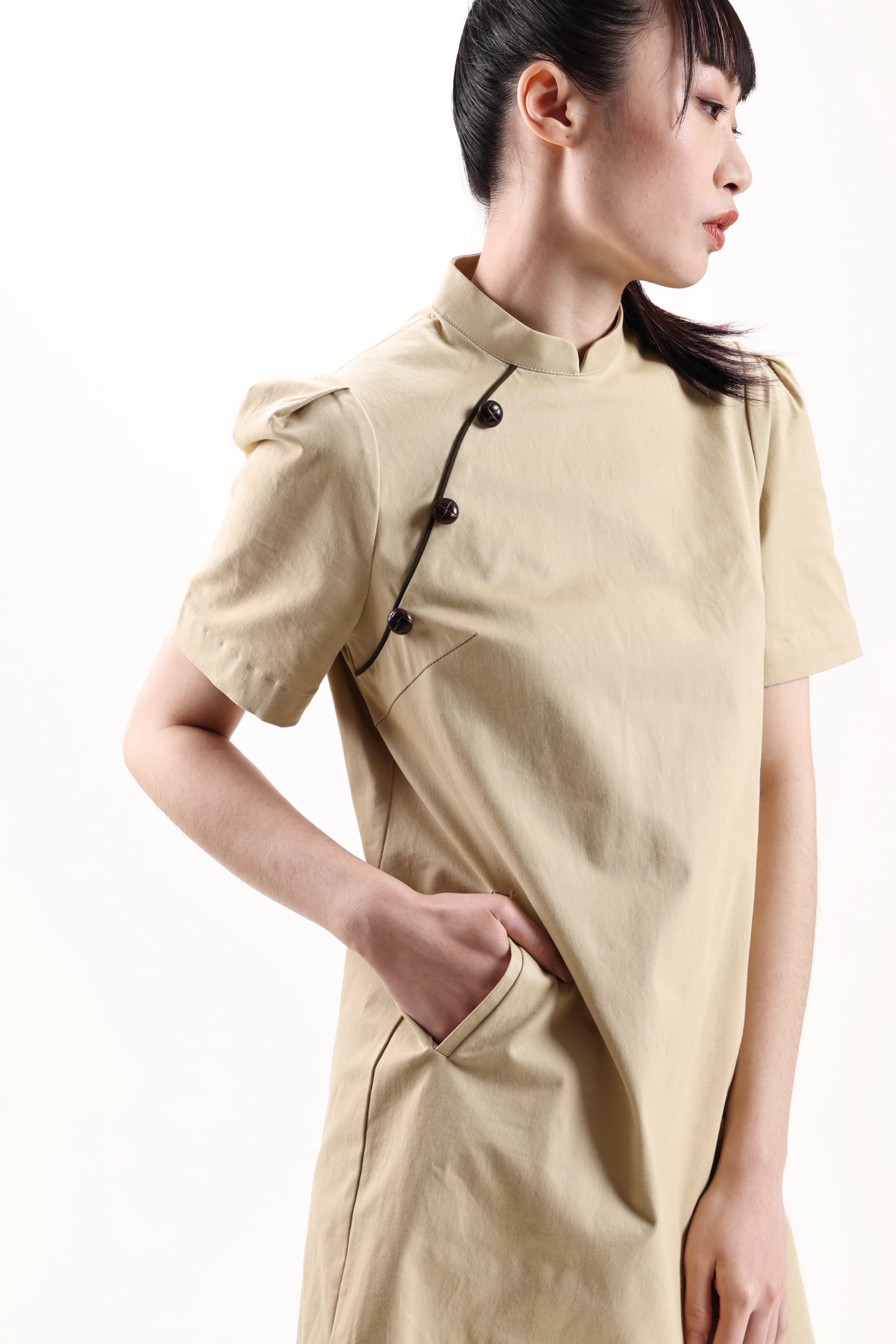 BECKY Puff Sleeve Cheongsam (Khaki)