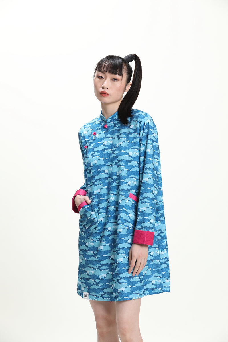 CYPHERHOOD ADELE 女裝長袖迷彩A-Line 祥雲旗袍 (藍色)