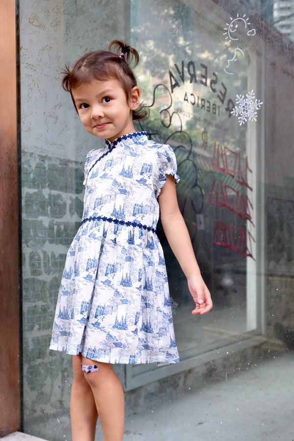 YI-ming 女童 MIMI 原創上海印花縮褶連衣裙（海軍藍）