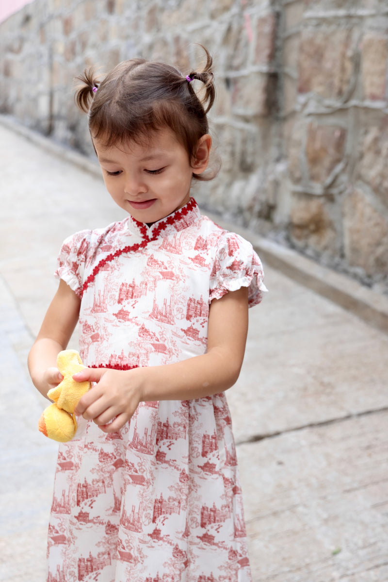 MIMI Kids Shanghai Print Gathered Dress (Red)