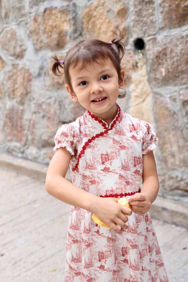 YI-ming 女童 MIMI 原創上海印花縮褶連衣裙（紅色）