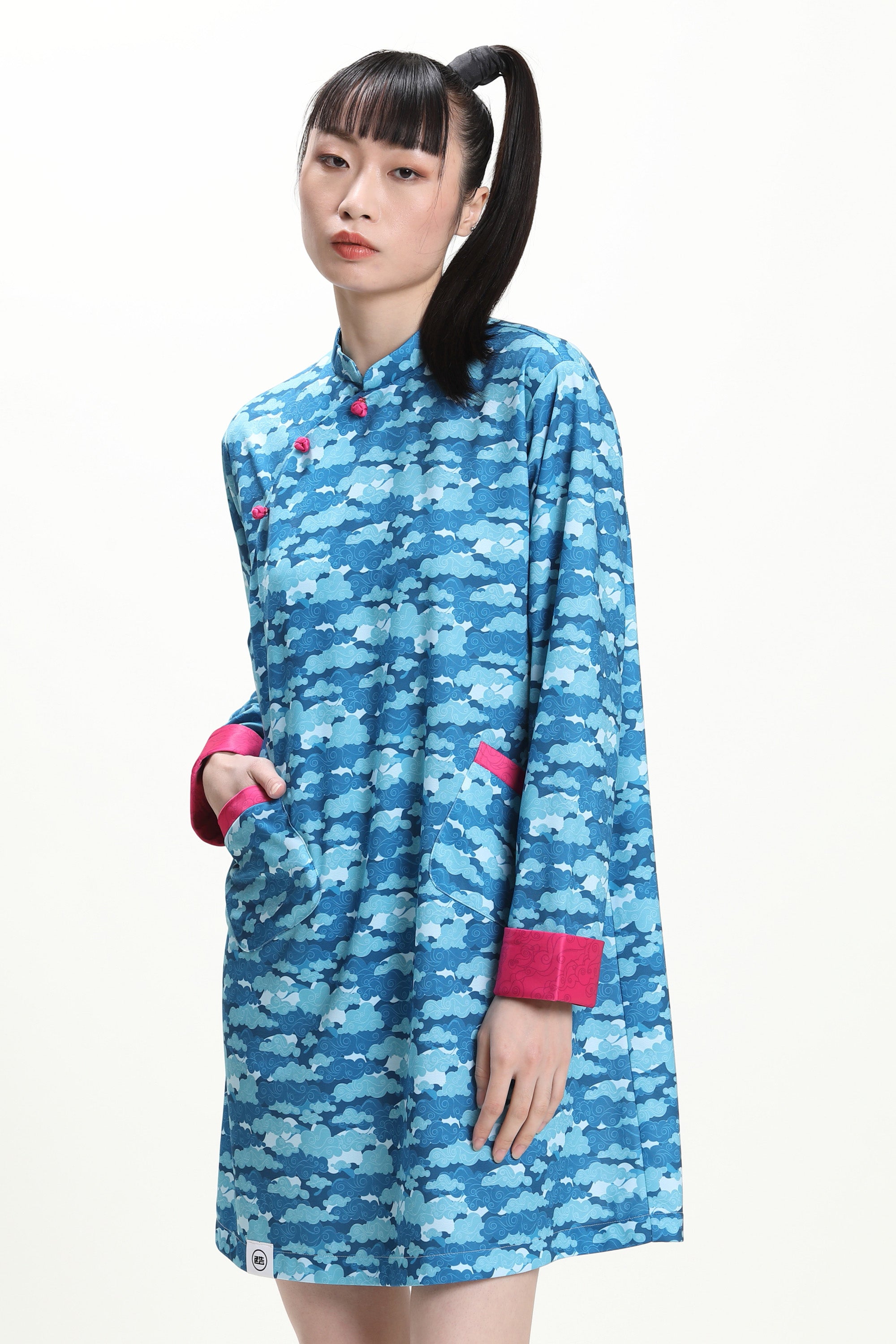 ADELE Long Sleeve Loose Cheongsam (Blue)