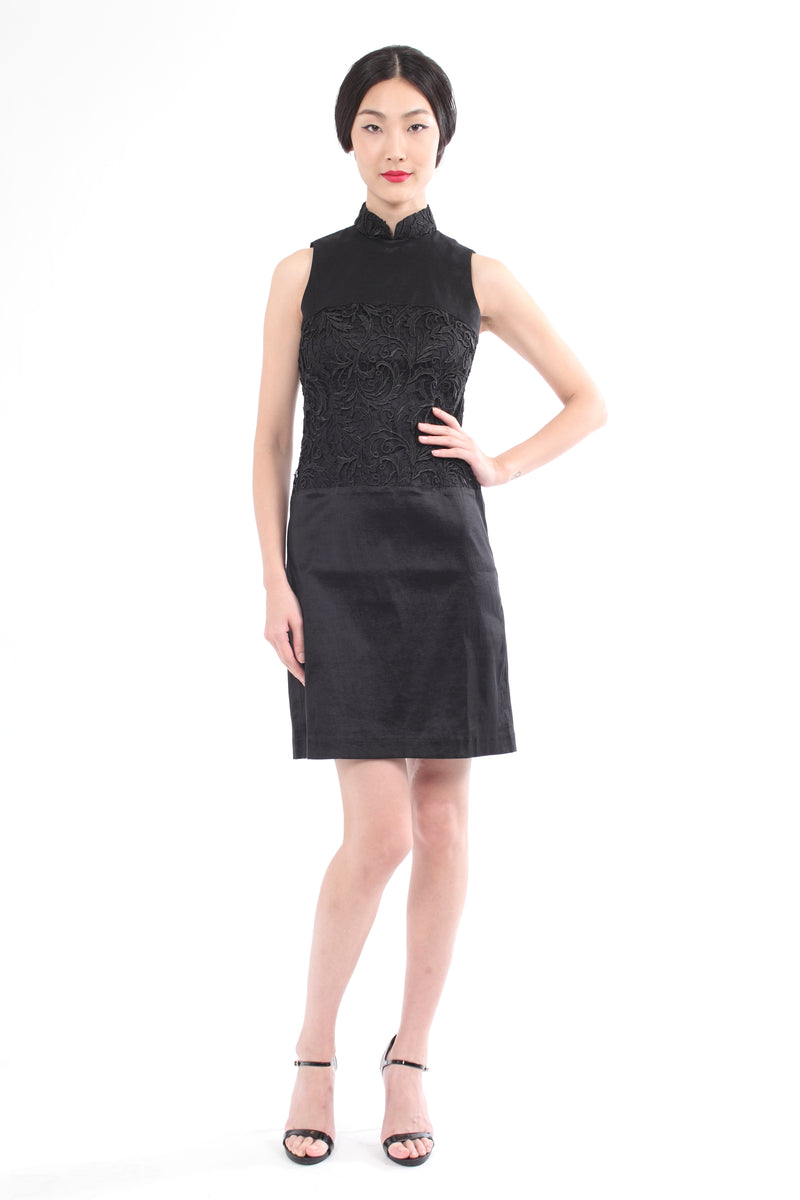 BLACK QIPAO WITH  LACE INSERT PANEL