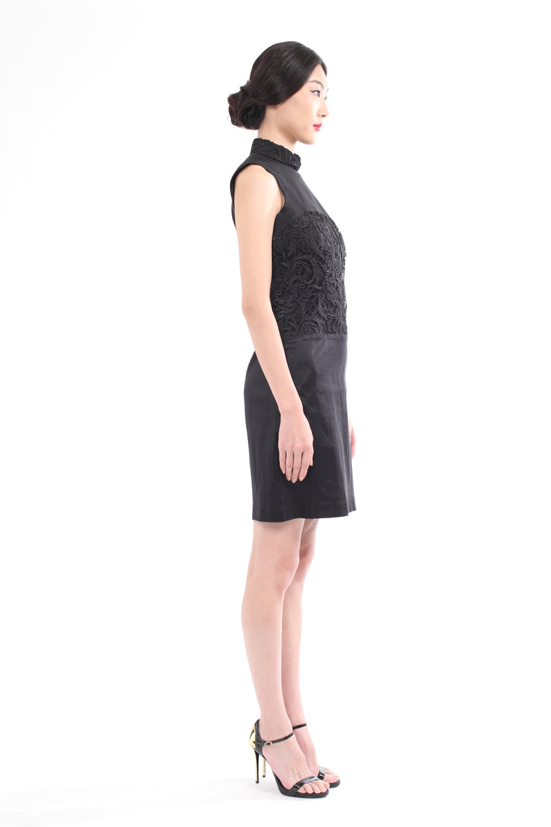 BLACK QIPAO WITH  LACE INSERT PANEL