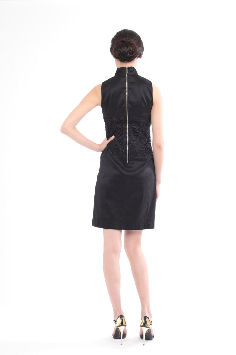 BLACK QIPAO WITH  LACE INSERT PANEL