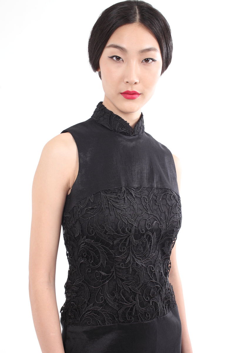 BLACK QIPAO WITH  LACE INSERT PANEL