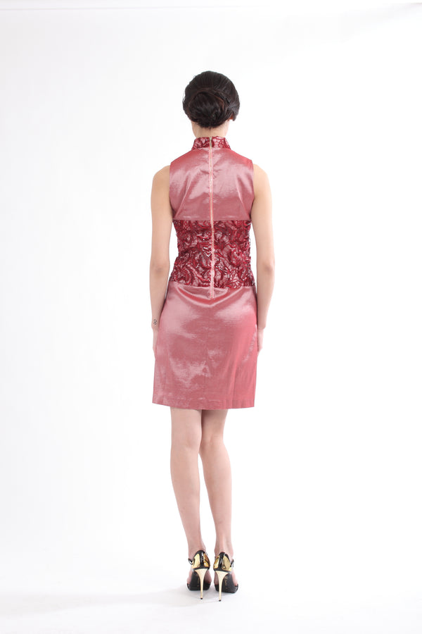 RED QIPAO WITH  LACE INSERT PANEL