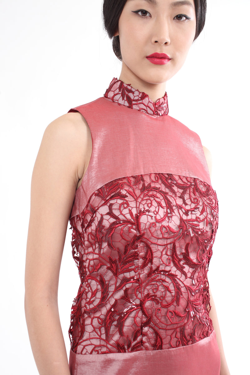 RED QIPAO WITH  LACE INSERT PANEL