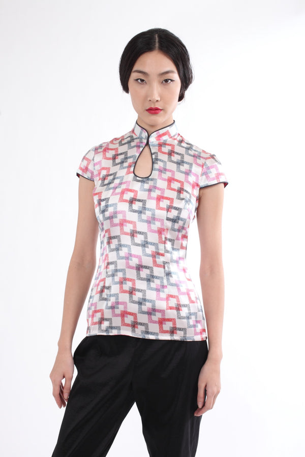 White Silk Top with Square Chain Print