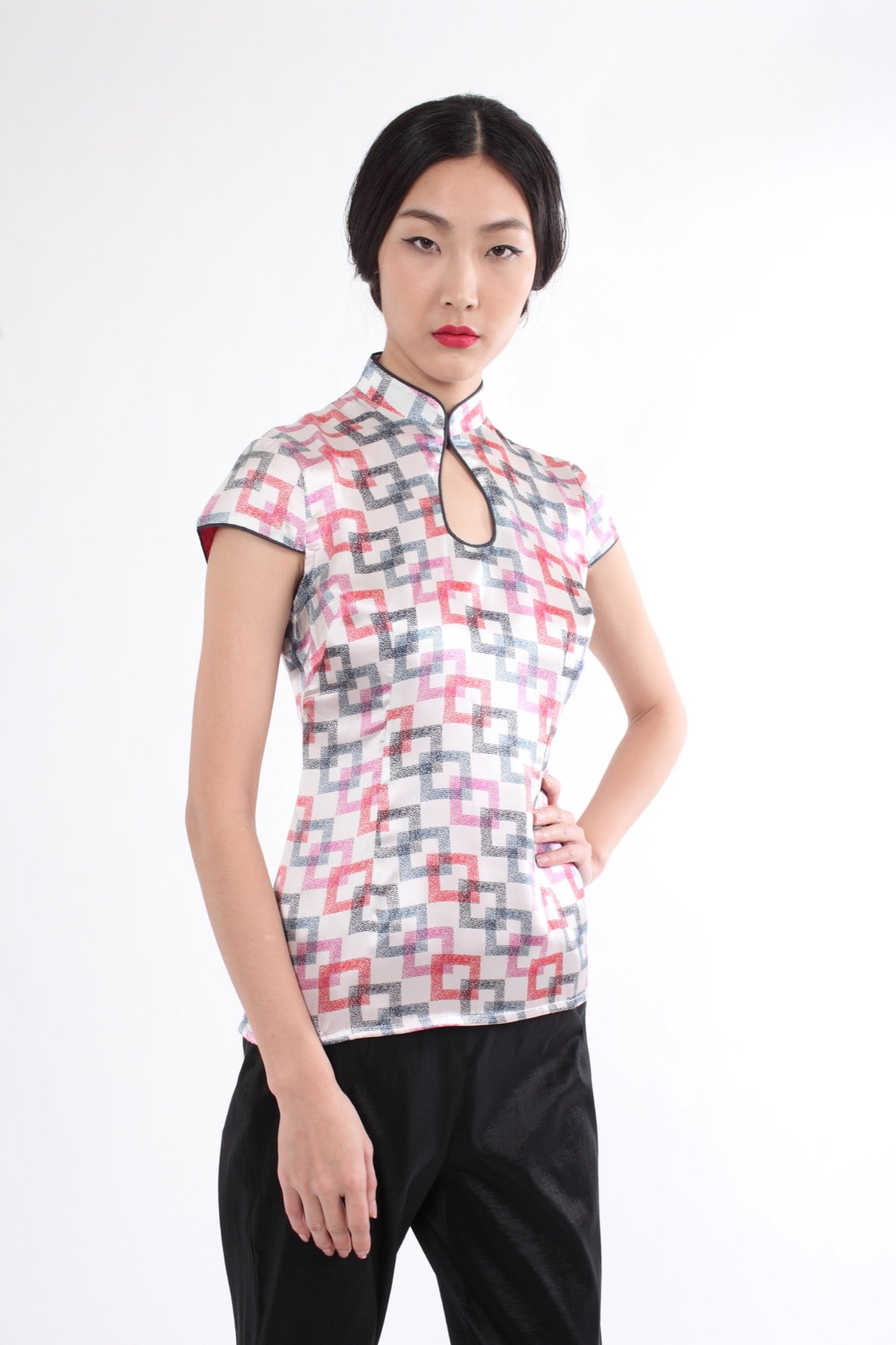 White Silk Top with Square Chain Print