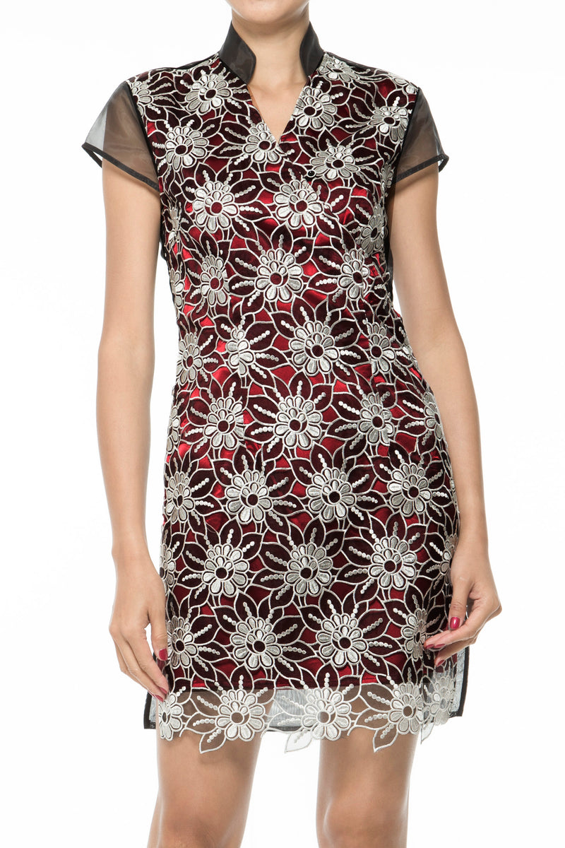 RED SEE THROUGH QIPAO WITH All OVER FLORAL LACE FRONT LAYER