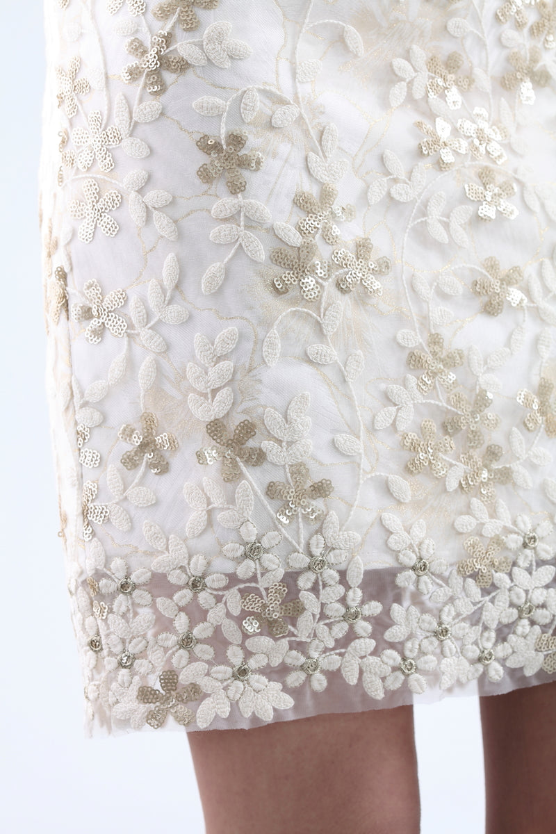 White And Gold Floral Sequin Embroidered Mesh Dress