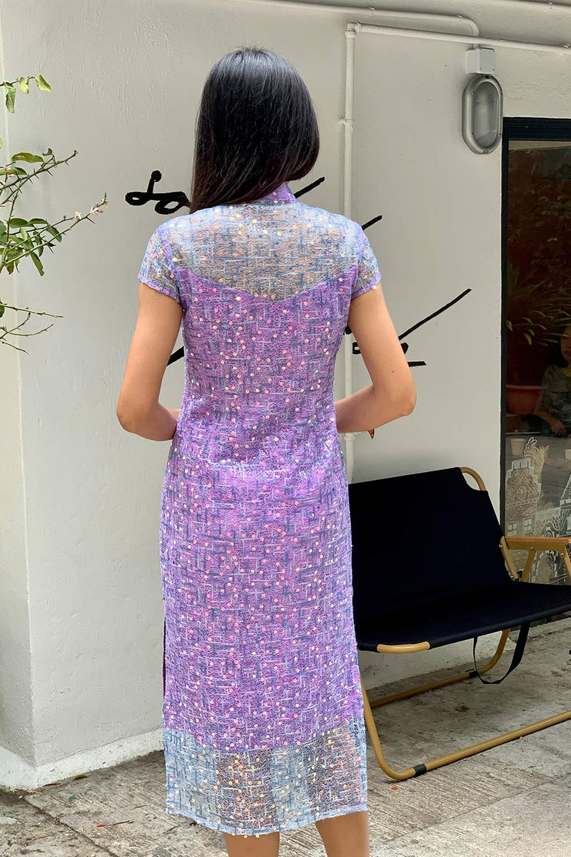 Yi-ming MARTHA 亮片紫色藍色長旗袍