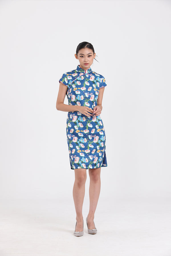 KYLIE Mahjong print Cheongsam (Blue)