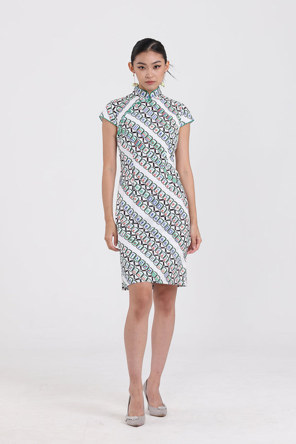 MARJORIE Mahjong Print Cheongsam (Beige / Green)