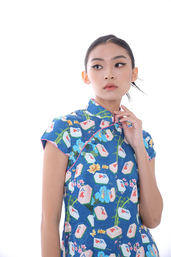 KYLIE Mahjong print Cheongsam (Blue)